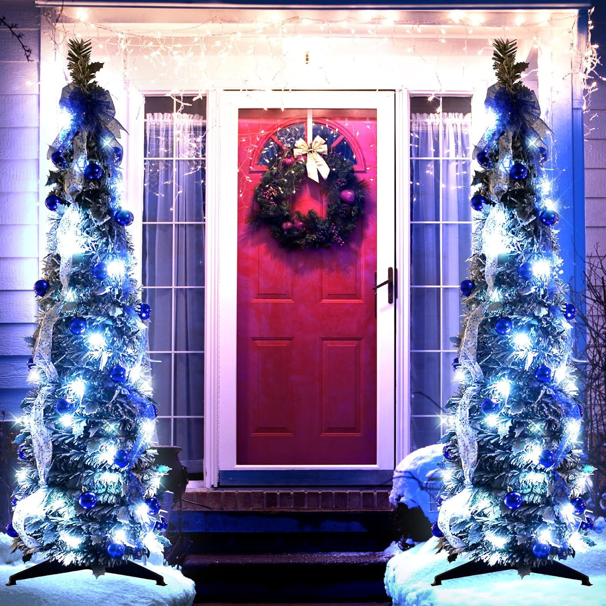4FT Pop Up Christmas Tree Pre-lit Green Snowy Pencil w/Blue Bow,60 Lights