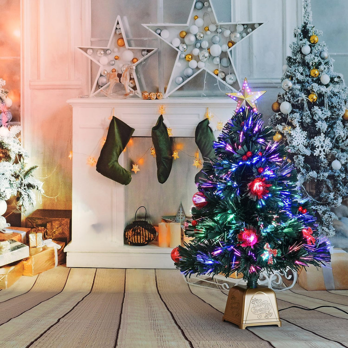 24 Inch Green Fiber Optic Christmas Tree, Prelit Artificial Tabletop Christmas Tree, Star, Butterfly and Ball Ornaments for Best Holiday Home Decorations, 2 Foot