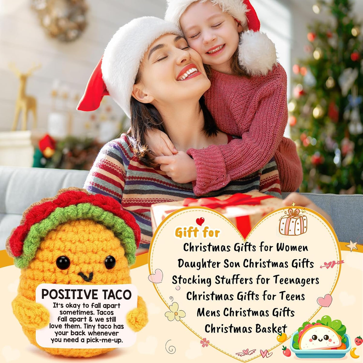Positive Crochet Taco Christmas Birthday Gifts for Women Men Stocking Stuffers Basket Holiday Decor Self Care Card Teacher Adult Kids Son Mom Dad Daughter Sister Friend Coworkers Inspirational Gift