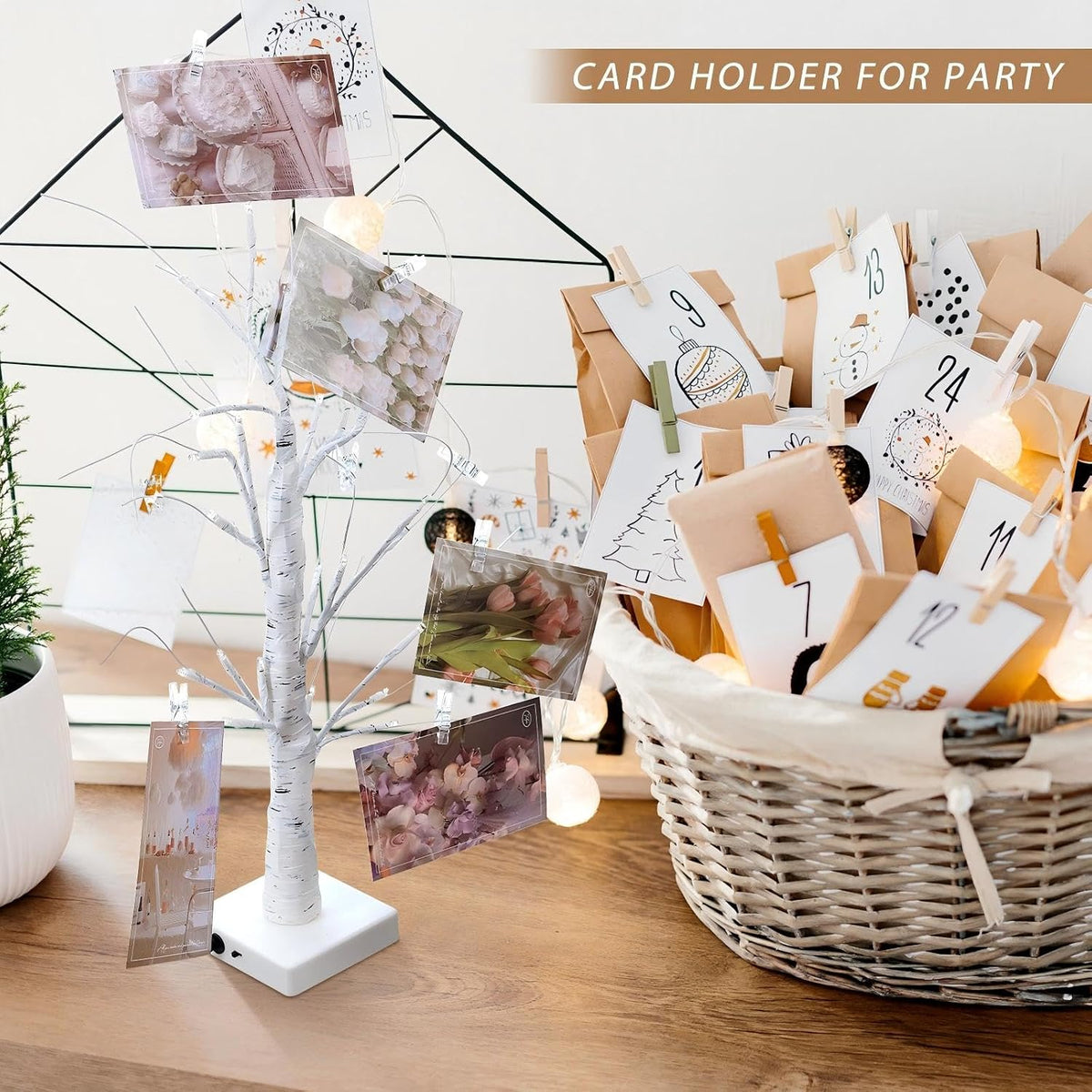 Retisee 4 Pieces Money Tree Gift Card Holder with 12 Clips & 24 LED Lighted Tips 2 FT White Birch Money Tree for Cash Memo Photo Picture Tabletop Display Christmas Birthday Party Wedding Gifts