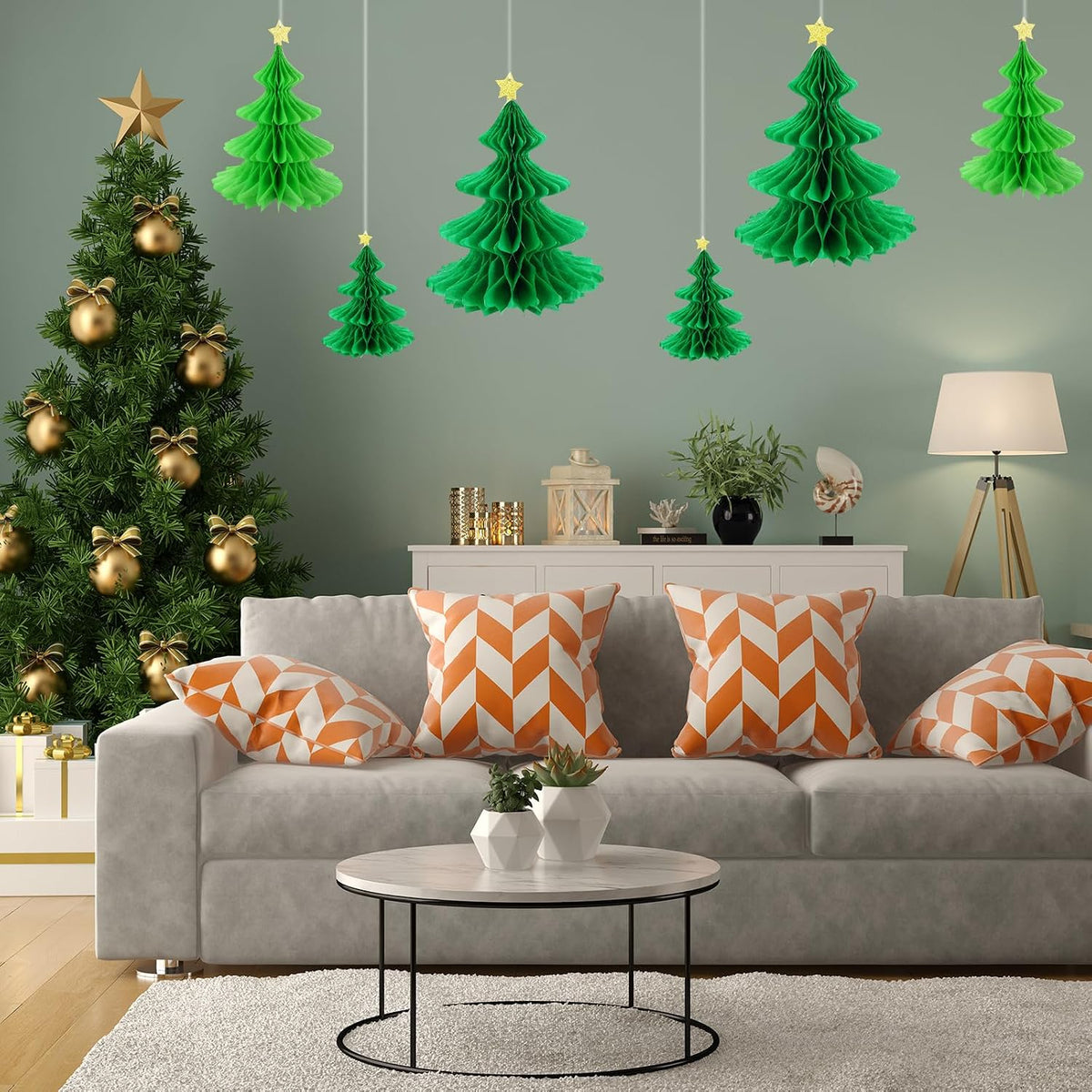 Whaline 6 Pack Christmas Honeycomb Paper Tree 3D Green Xmas Paper Trees Centerpiece Ceiling Hanging Tissue Pine Tree Star for Holiday Decoration, 3 Sizes