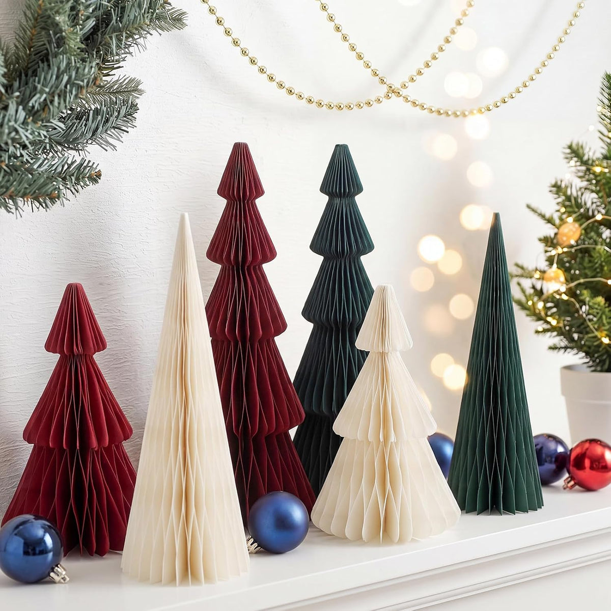 Watersay 6 Pcs Red Green White Honeycomb Paper Christmas Trees Centerpiece