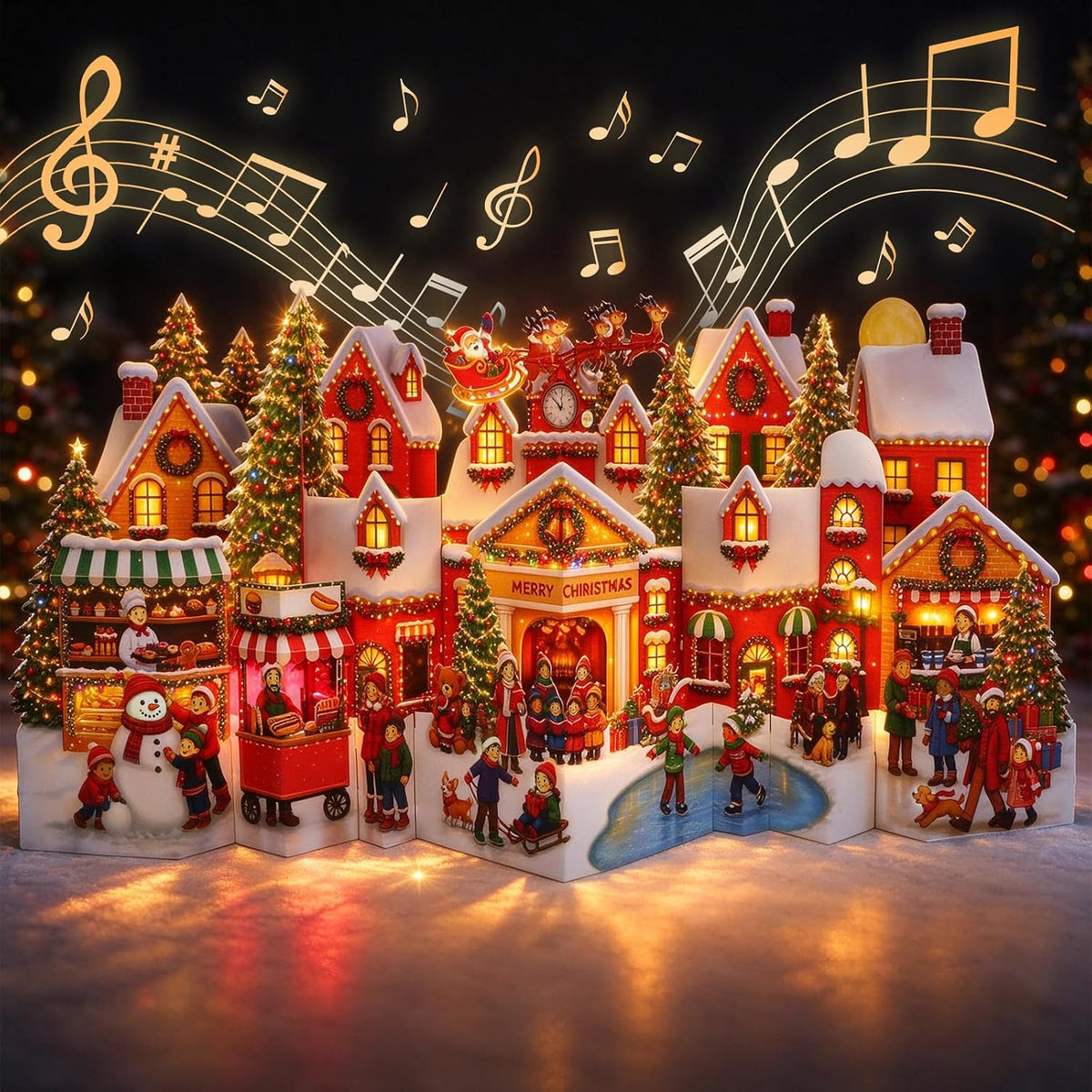FaCraft Musical Christmas Cards, 3D Pop Up Town for Kids, Plays 3 Songs