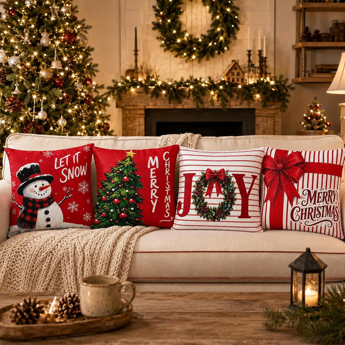 Christmas Decorations - Set of 4 Double-Sided Print Christmas Pillow Covers