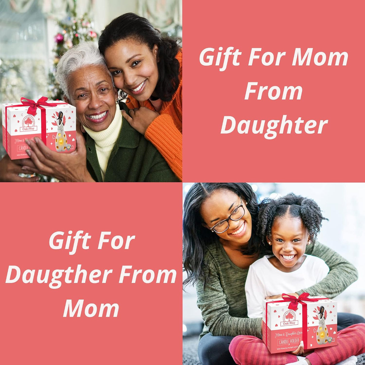 OakiWay Mother-Daughter Love Candle Holder Statue with Flickering LED Candle | Hand-Painted (Dark) - Unique Gifts for Mother's Day, Christmas, Birthday | Greeting Card Included