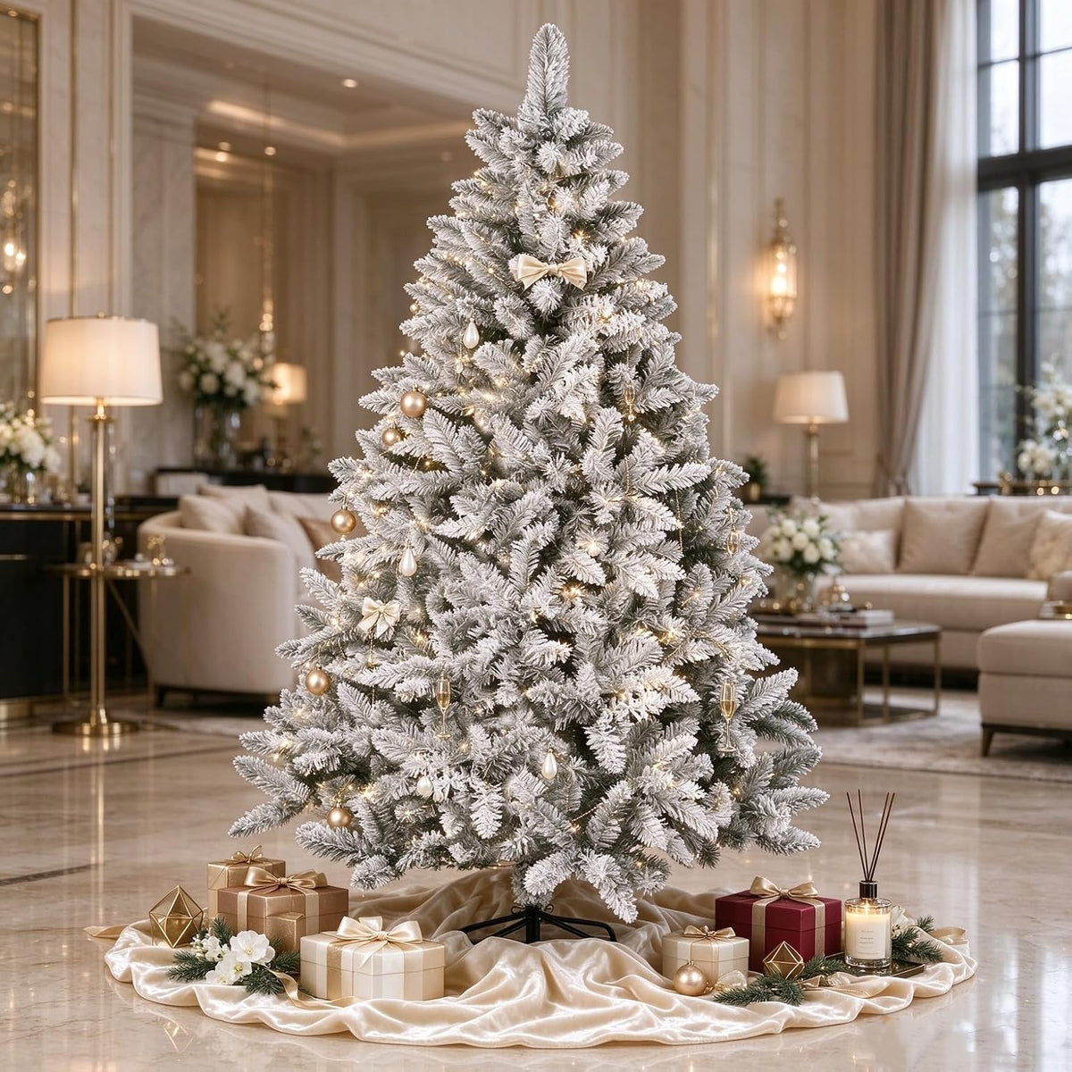 SUNCROWN 6ft Artificial Flocked Christmas Tree Premium Frosted Snow Christmas Tree Hinged Xmas Tree Holiday Decor for Indoor Outdoor, Foldable Metal Stand, 1000 Branch Tips, White