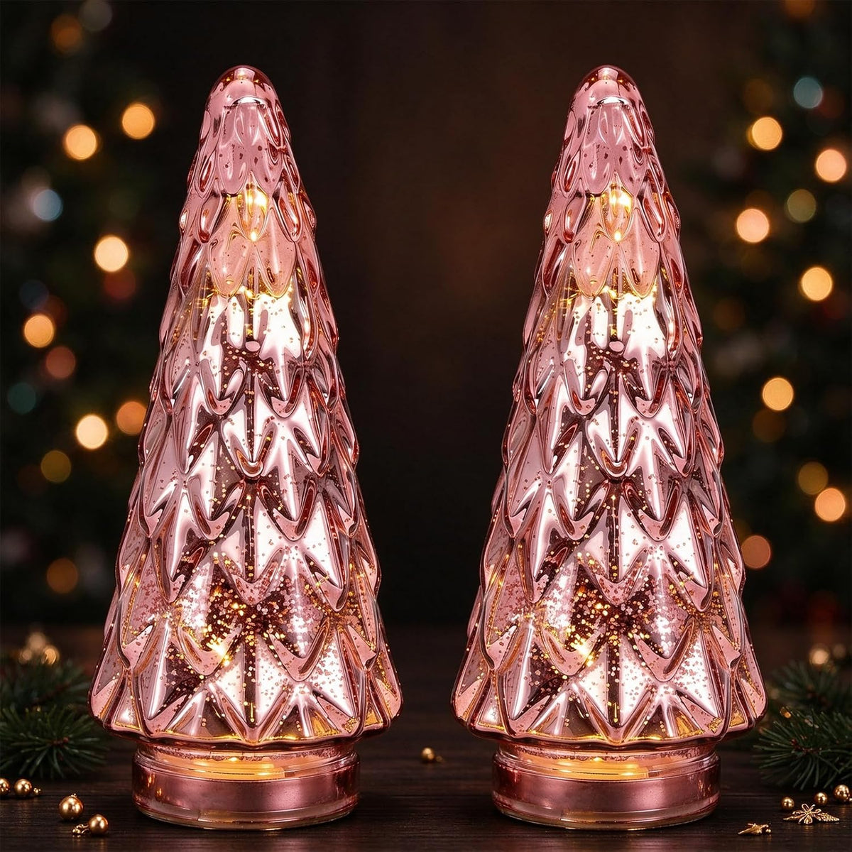 Mercury Glass Christmas Tree, 2-Pack Lighted Xmas Tree Decorations, Holiday Centerpiece Battery Operated LED with Timer, Decorative for Tabletop Window Mantel Display Party Indoor Home Decor (Pink)