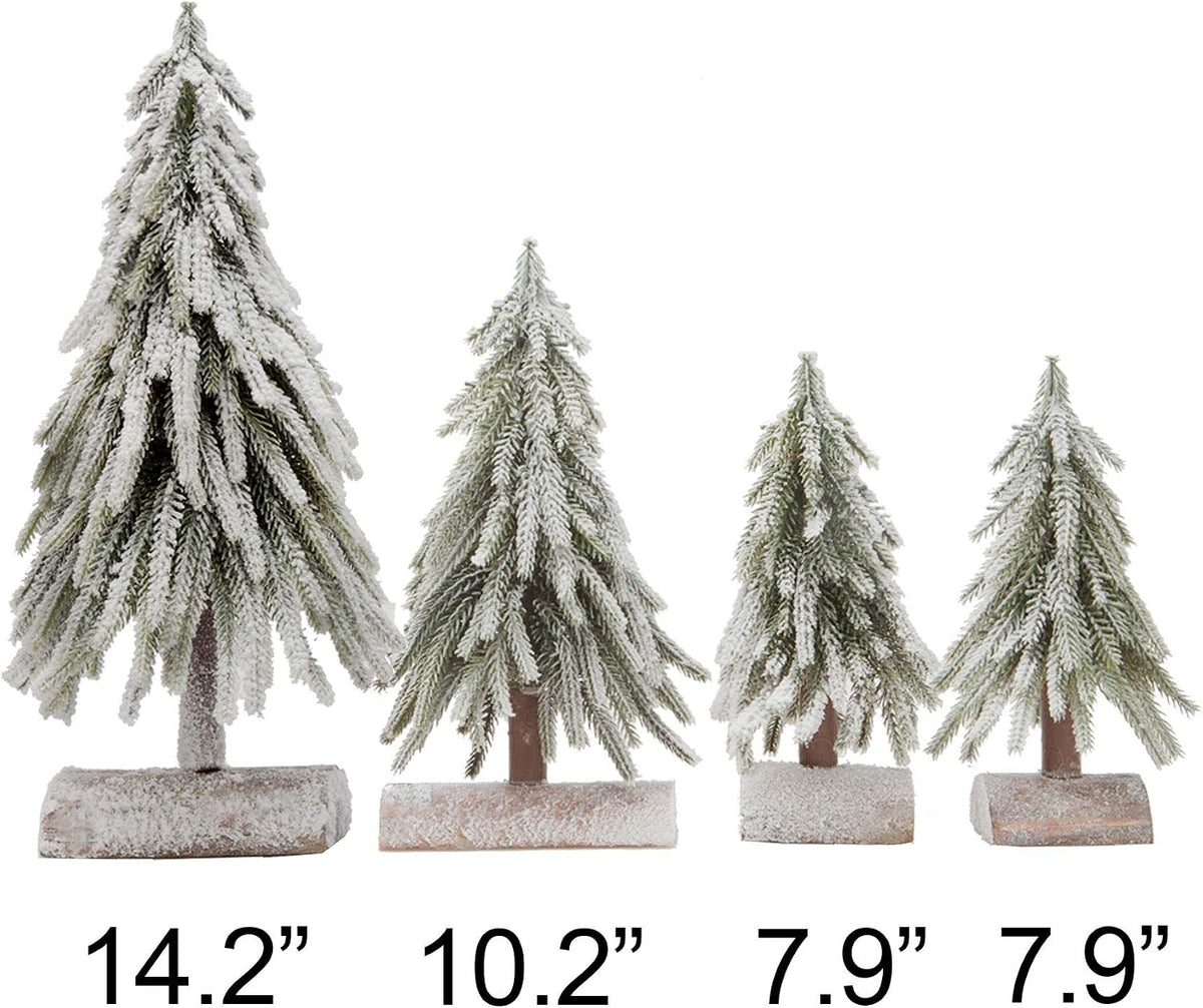 4pcs Mini Christmas Tree Small Separate Spray Snow Christmas Tree with Wooden Bases for Tabletop Winter Village Holiday Decorations