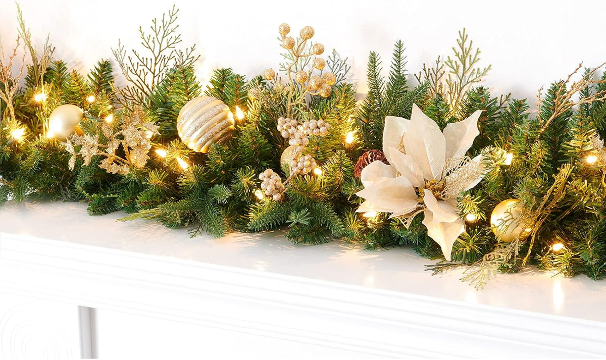 Pre-lit 9ft Christmas Garland with Gold Berries and Balls,Pine Cone,Golden Flower and 50 Battery Operated Soft White LED Lights with Timer,Artificial Holiday Decoration Door Outdoor