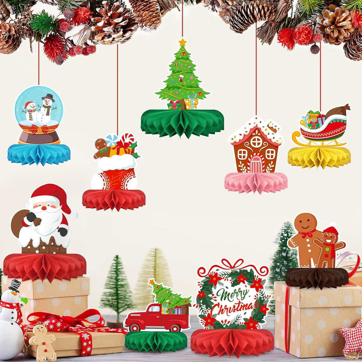 Merry Christmas Party Decorations Bundle - Includes Festive Christmas Honeycomb Centerpieces ï¼ŒSanta Claus Snowman Table Toppers, Perfect for Classroom Decor, Christmas & Winter Birthday Party Supplies