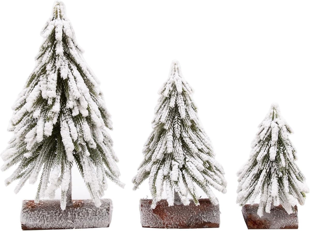 6pcs Mini Christmas Tree Small Christmas Tree Artificial Separate Tabletop Trees with Spray Snow Wooden Bases for Winter Village Decorations Home Kitchen