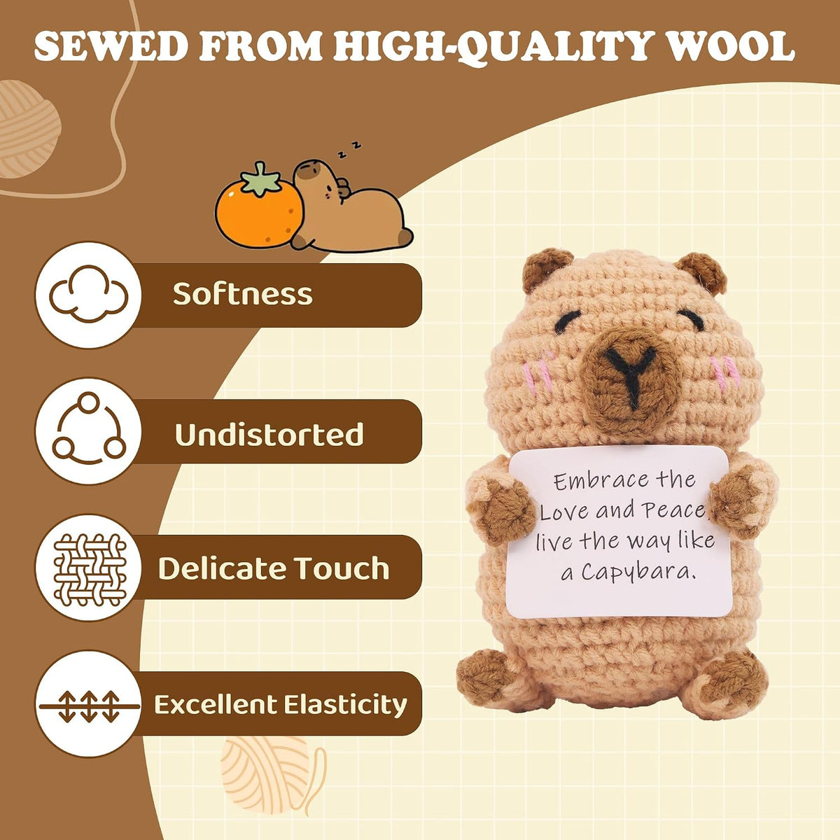 Capybara Gifts, Positive Crochet Animals Capybara, Knitted Wool Capybara Toy with Positive Card, Cheer Up for Friends, Women, Girls and Boys as Birthday Christmas