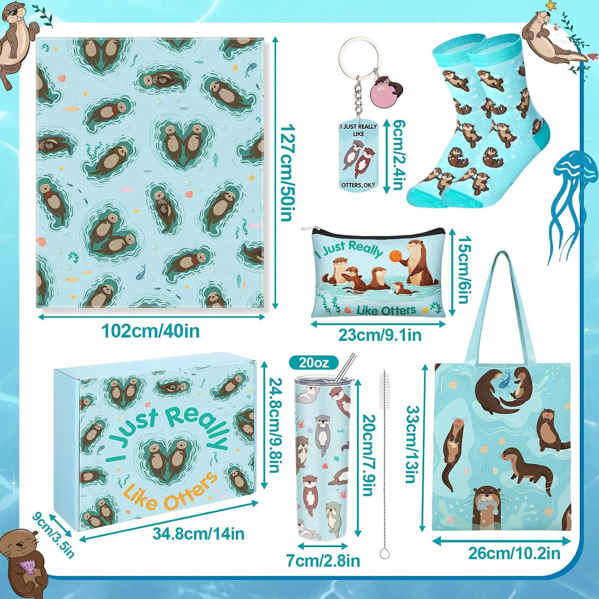 JenPen 10 Pcs Blue Sea Otter Gift Set, 20 oz Tumbler Blanket Socks