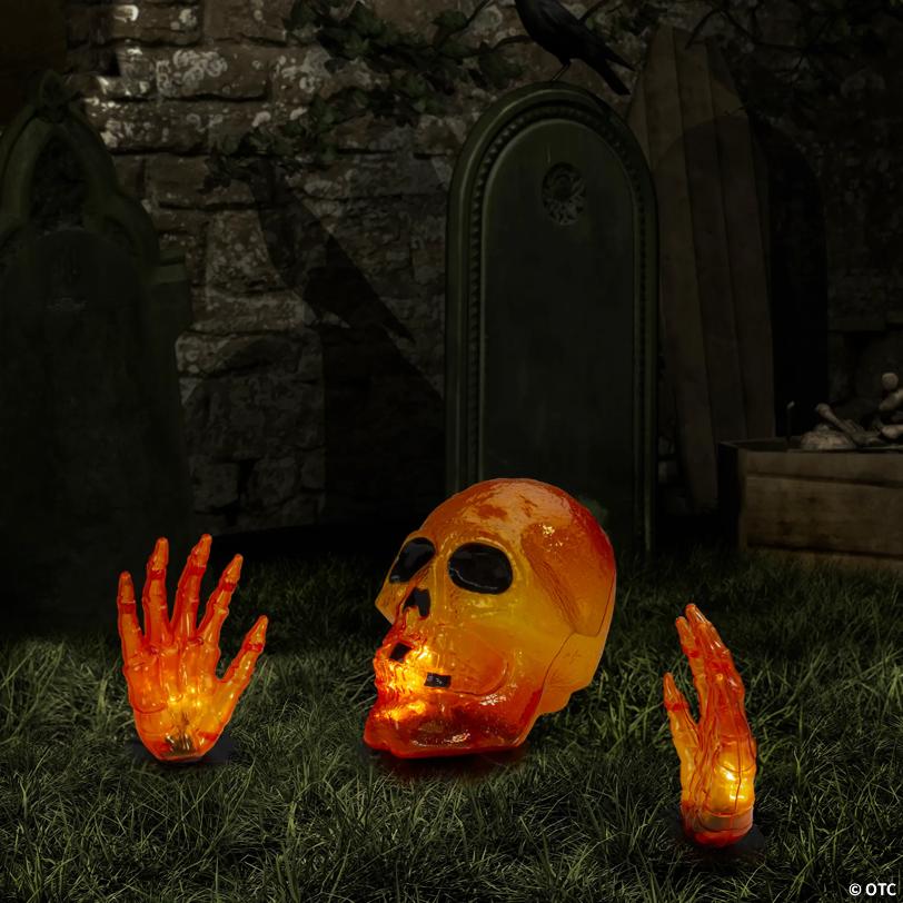 8.5" Lighted Orange Skull and Hands Outdoor Halloween Decoration - 4ft Black Wire