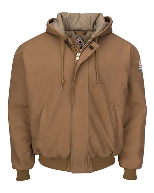 Insulated Brown Duck Hooded Jacket with Knit Trim | USA Decoration