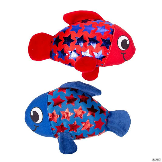 8 1/2" Patriotic Bright Red and Blue Shiny Star Scales Stuffed Fish - 12 Pc.