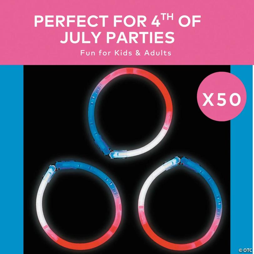 8" Bulk 50 Pc. Patriotic Glow Tri-Color Bracelets