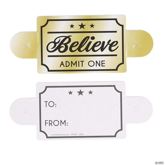 8" Christmas Believe Gold Tickets with Red Glow Bracelet Handout Kit for 50 - 110 Pc.