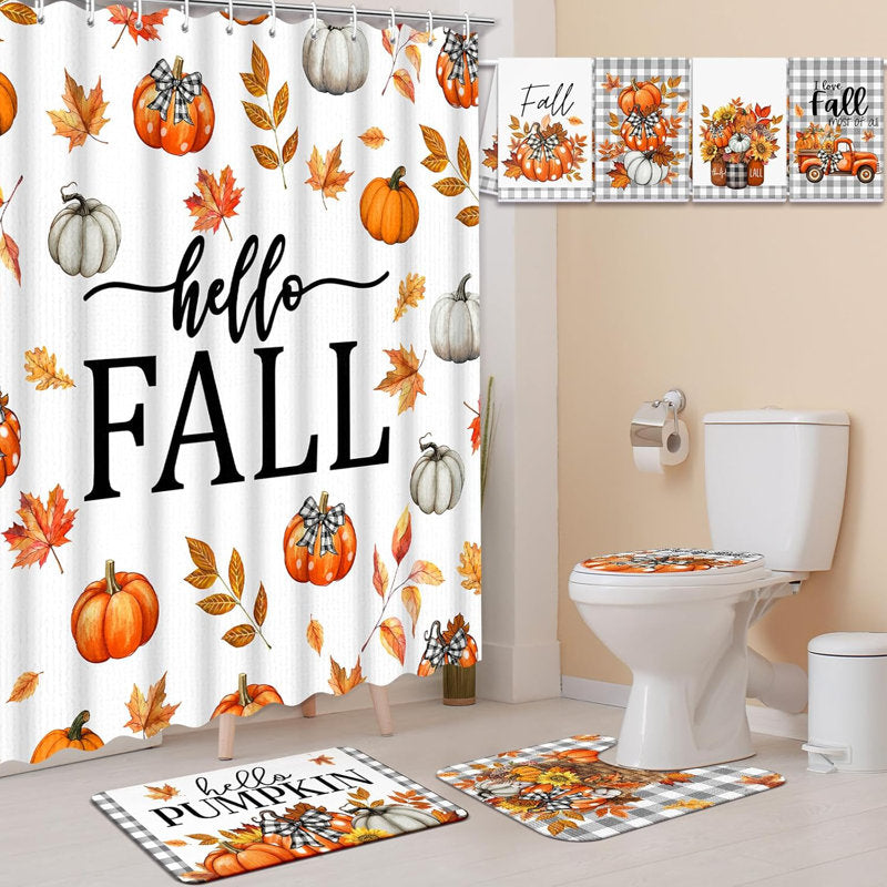 8 Pcs Hello Fall Halloween Shower Curtain Set - Pumpkin Themed Autumn Harvest Bath Decor, Includes Waterproof Curtain, Non-Slip Rugs, Toilet Lid Cover + 12 Hooks For Halloween Bathroom Decor