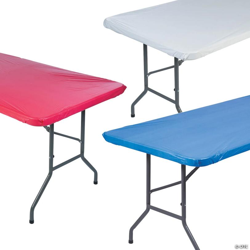 8 ft. Patriotic Red, White & Blue Fitted Disposable Plastic Tablecloths Kit - 12 Pc.