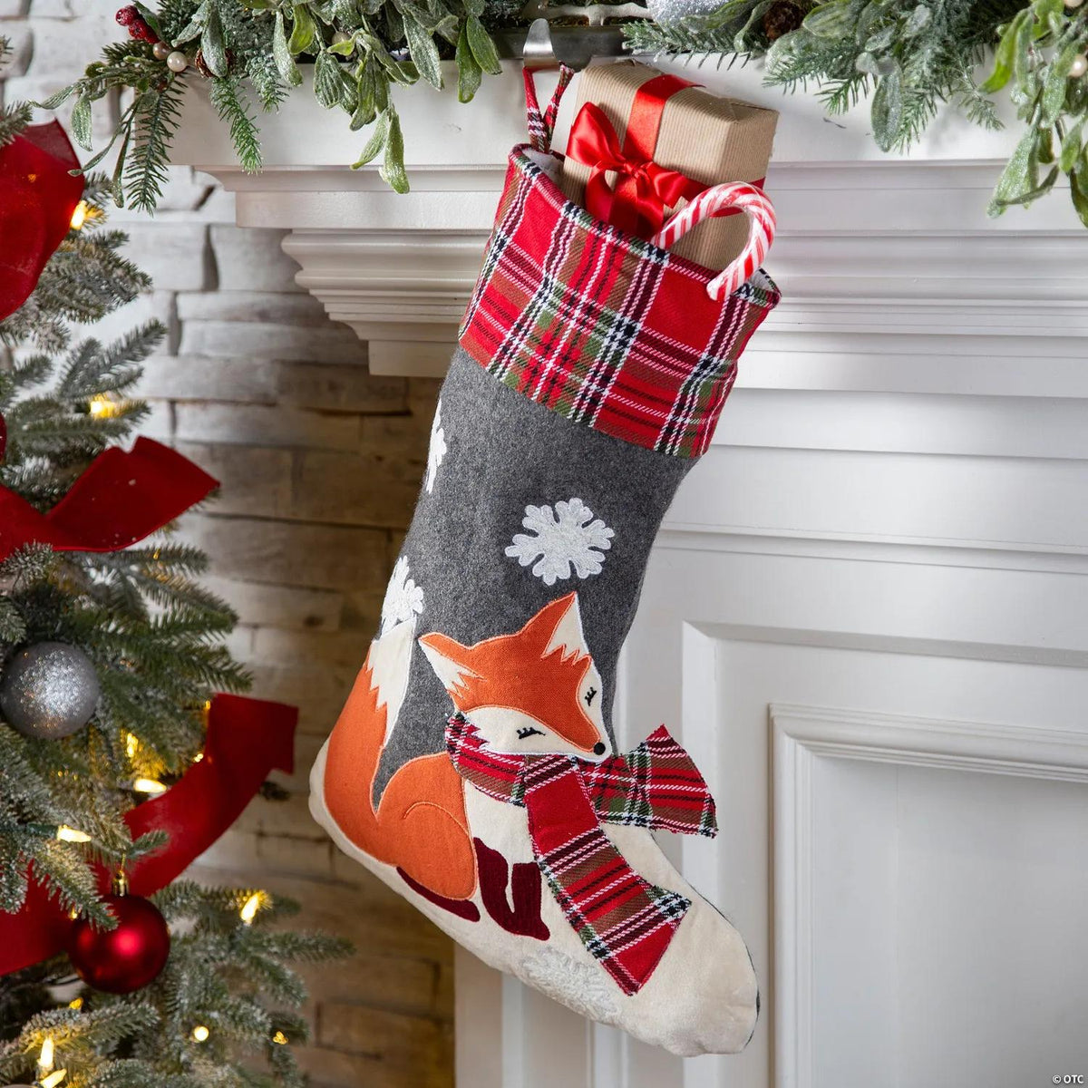 Multicolor woolen felt Christmas stocking with a snowflake fox