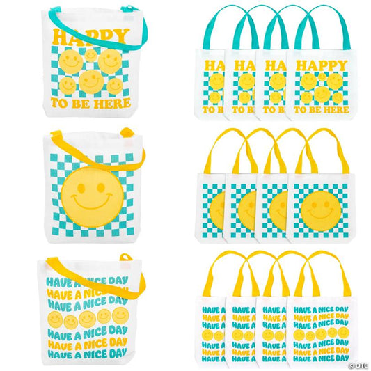 8" x 8" Mini Canvas Smile Face Tote Bag Assortment - 12 Pc.