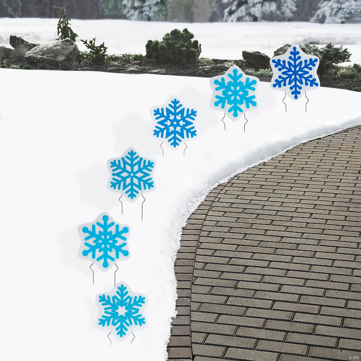 Six snowflake sidewalk signs