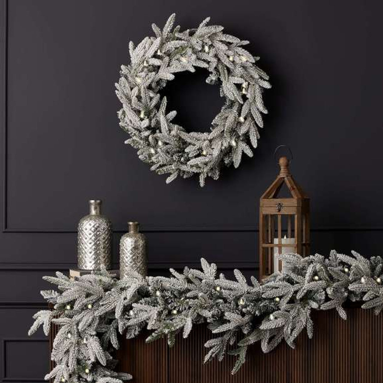 9' Royal Oaks Flocked Garland with Warm White LED Lights aPre-Lit Plug-In Christmas Garland for Mantels, Stairs & Doorways
