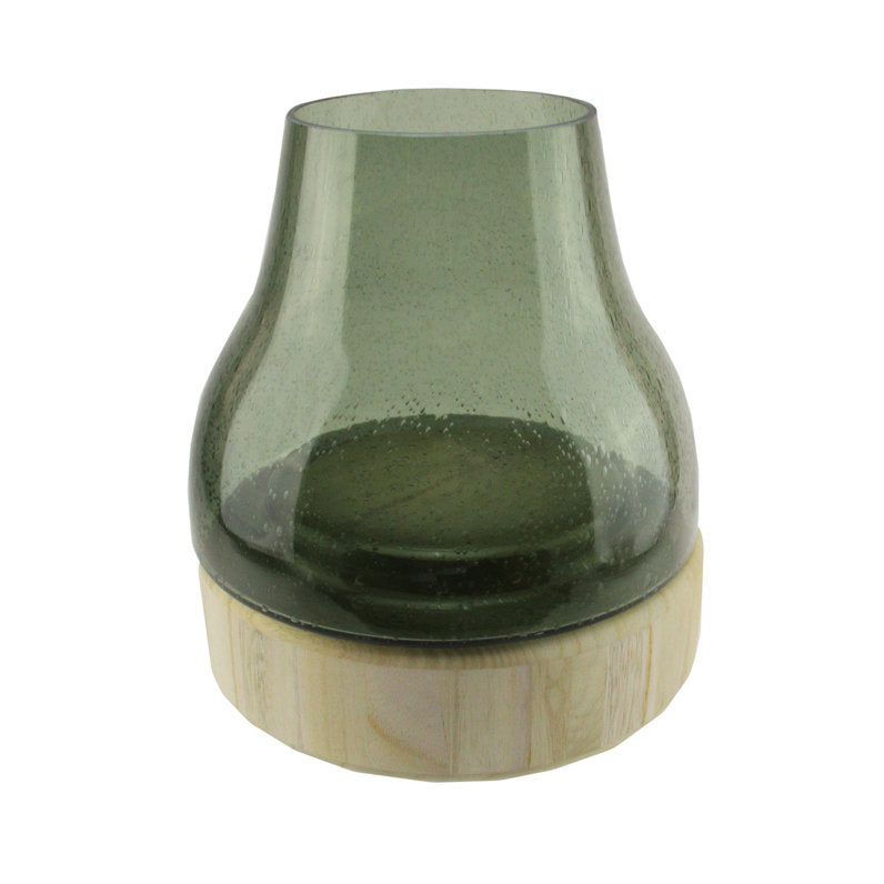 9.75" Glass Pillar Candle Holder with Wooden Base