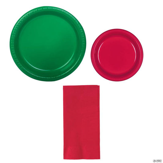 90 Pc. Green & Red Christmas Disposable Tableware Kit for 20 Guests | USA Decoration®