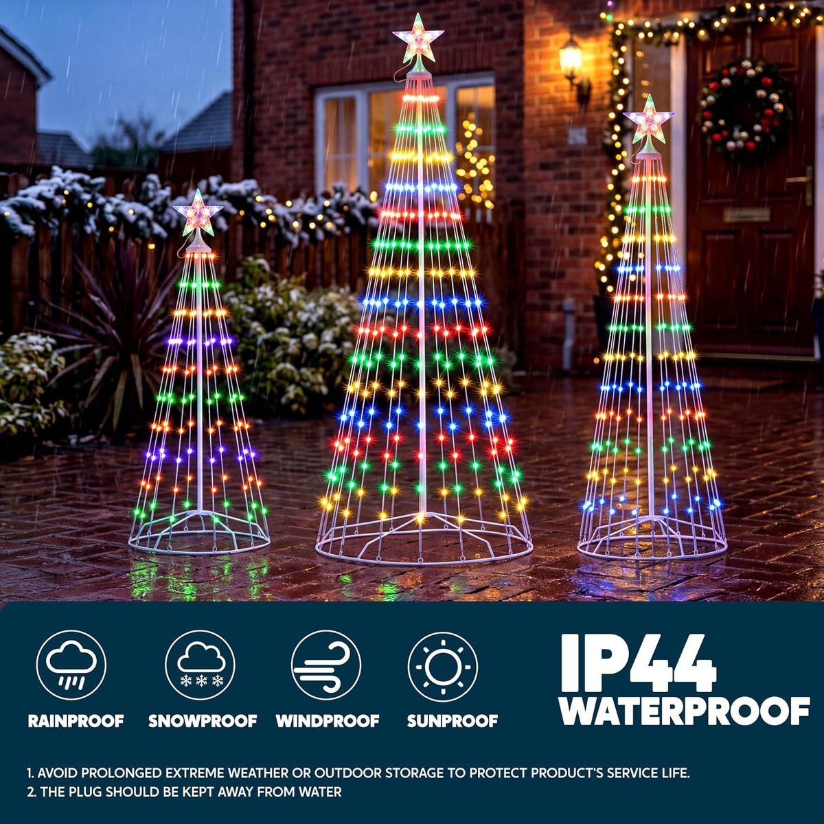 JOYIN 3 Pack LED Christmas Cone Tree Lights, 4FT 5FT 6FT Outdoor Lighted Tree with 8 Lighting Modes & Star Topper, Christmas Decorations for Yard Porch Patio Garden Holiday Decor, Multicolor