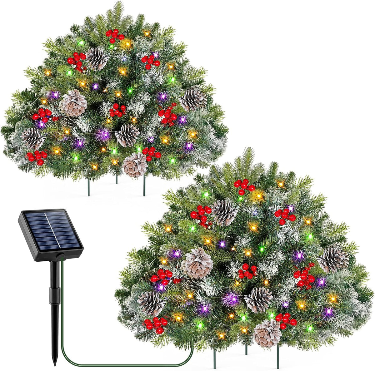 2-Pack Solar Christmas Tree Urn Filler, 26â€ Pre-lit Pathway Christmas Trees, Frosted Lighted Artificial Xmas Tree Solar-Power Outdoor DÃ©cor for House Yard, 8 Modes,50 LED Lights,Red Berries,Pine Cones