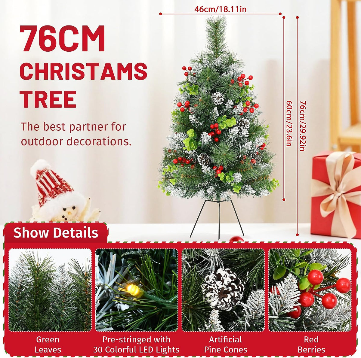 2 Pack Outdoor Chriatmas Tree with Lights, 30" Prelit Christmas Urn Filler