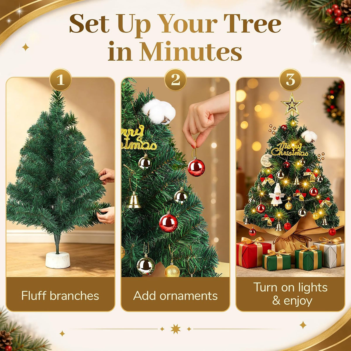 WISELIFE 24" Mini Tabletop Christmas Tree with Lights & Ornaments - Artificial Small Xmas Tree with Angel Decor, Desktop Christmas Decorations for Table, Office, Bedroom, Small Spaces