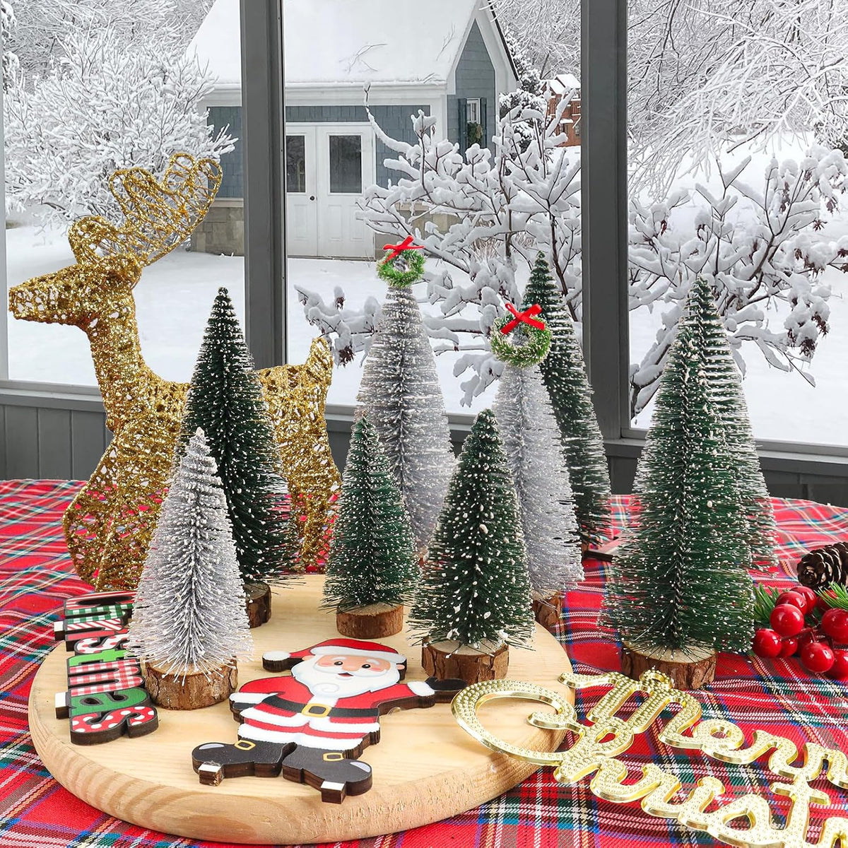 Mini Christmas Trees Christma Decor 9Pcs Artificial Christmas Decorations with 3 Sizes, Christmas Tree Bottle Brush Trees Christmas Table Decorations (Green,Silver,Dark Green)