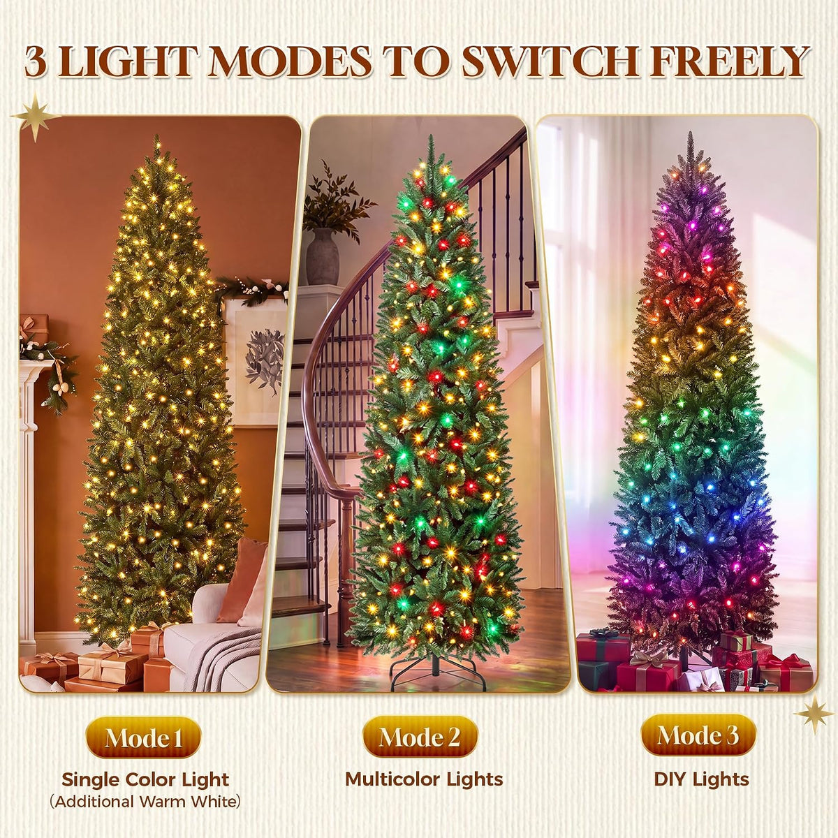 HOLLO STAR 6 ft Prelit Pencil Christmas Tree, RGBW Lights, App Control