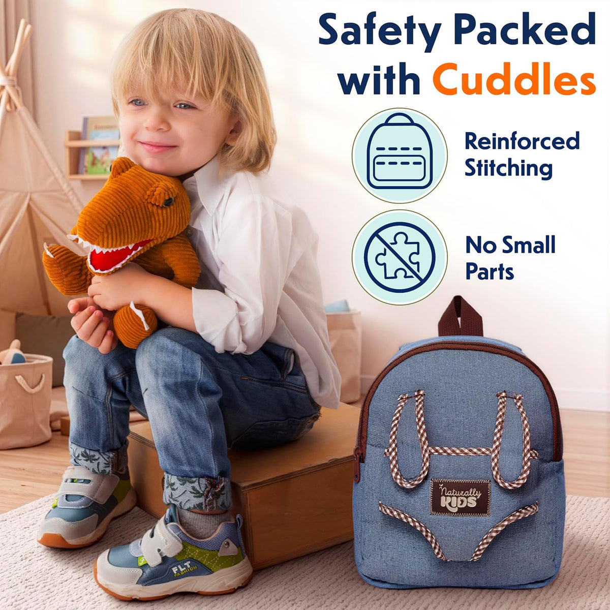 Naturally KIDS Toddler Backpack w. Plush Dinosaur Toy, Kids Gift 2 3 4 5