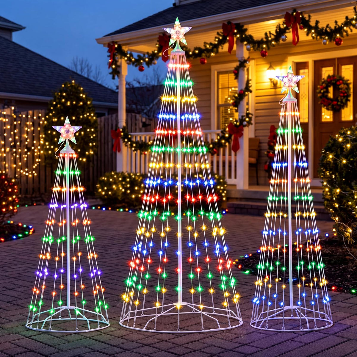 JOYIN 3 Pack LED Christmas Cone Tree Lights, 4FT 5FT 6FT Outdoor Lighted Tree with 8 Lighting Modes & Star Topper, Christmas Decorations for Yard Porch Patio Garden Holiday Decor, Multicolor