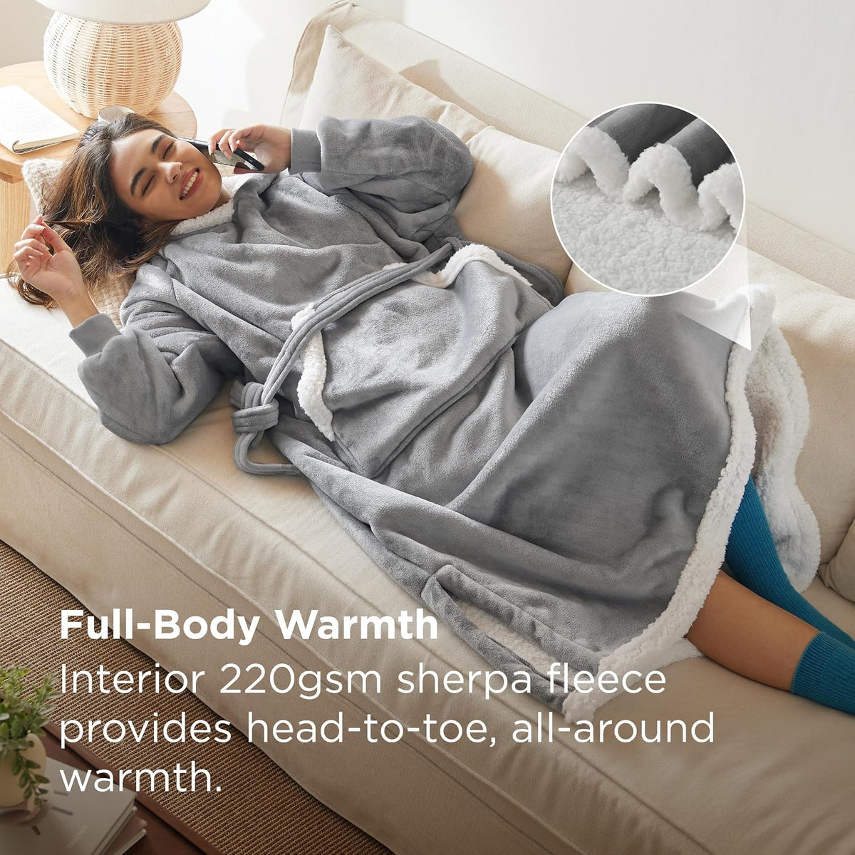 Bedsure Long Sherpa Wearable Blanket Hoodie for Halloween, Grey, Standard