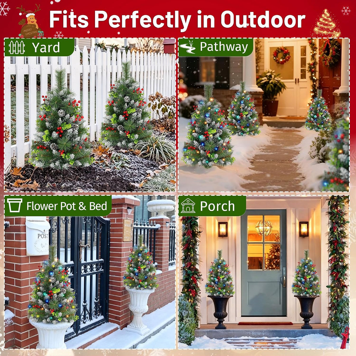 2 Pack Outdoor Chriatmas Tree with Lights, 30" Prelit Christmas Urn Filler