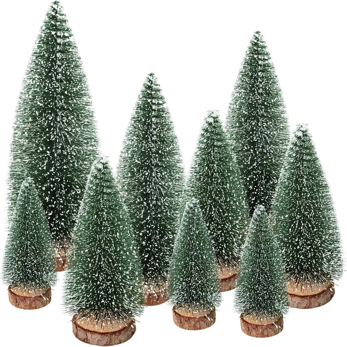 9Pcs Mini Christmas Tree, Bottle Brush Christmas Trees Wooden Base Table Decor with 4 Sizes, Artificial Green Tabletop Xmas Tree Indoor Village Decor Xmas Decorations