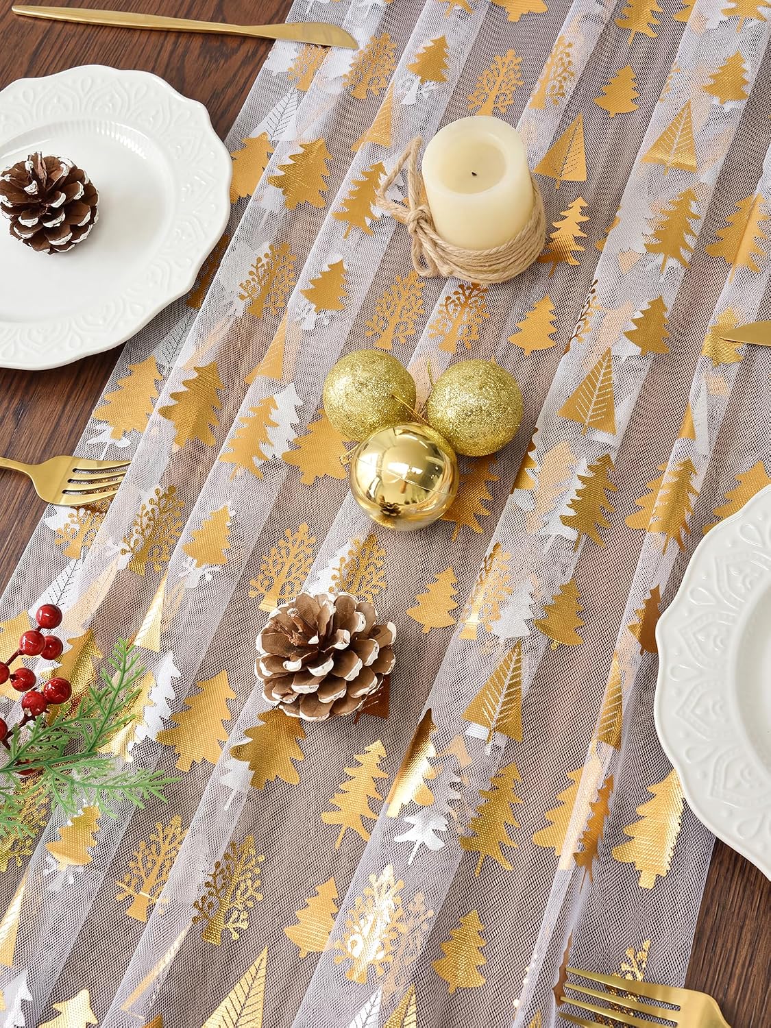FEXIA Christmas Table Runner, White Tulle Gold Tree Runner, 28x120 Inch