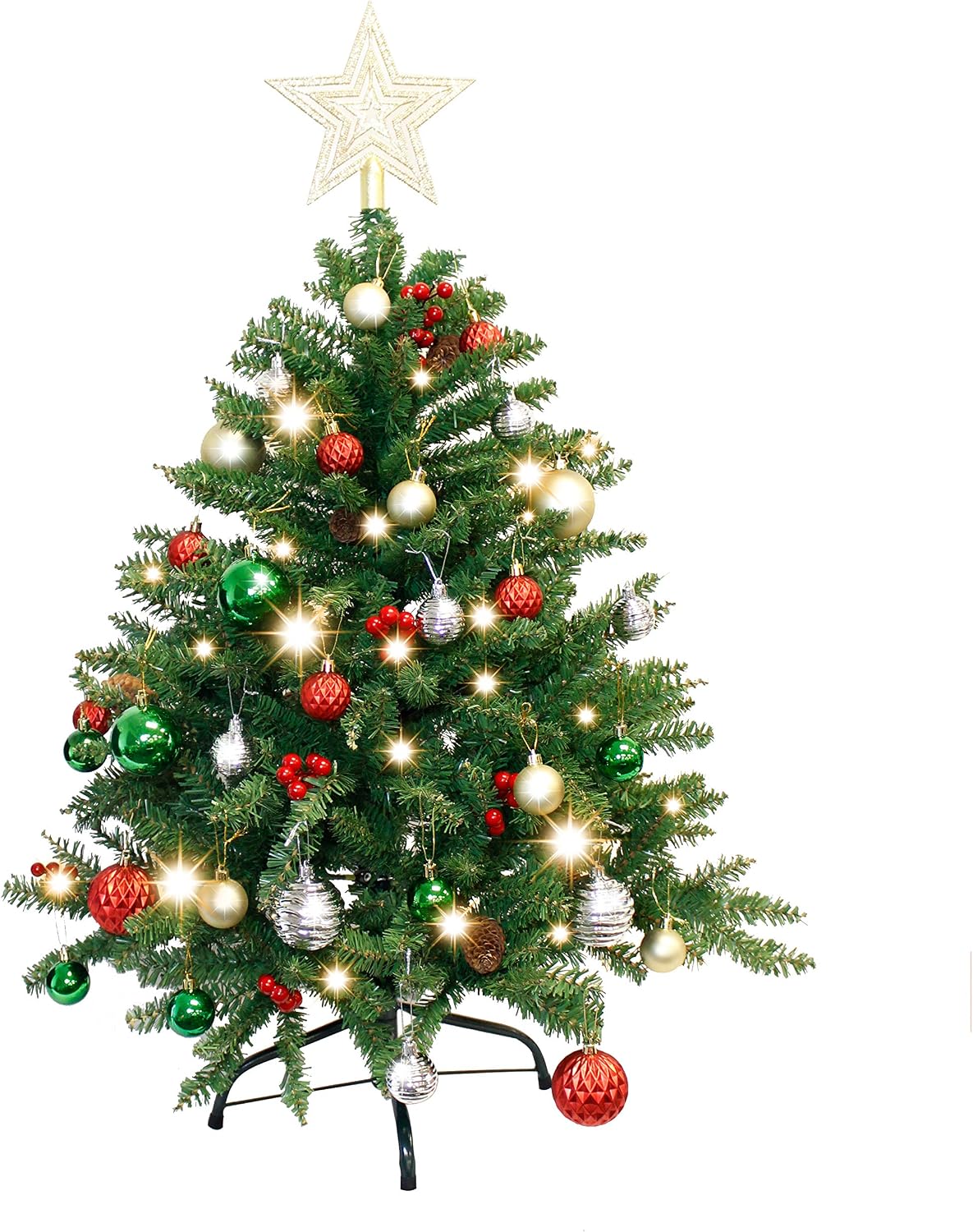 Joiedomi 3.6FT Christmas Tree Decorated with 150 Warm Lights and Ornaments, Artificial Christmas Tree Decorations for Outdoor/Indoor Decor