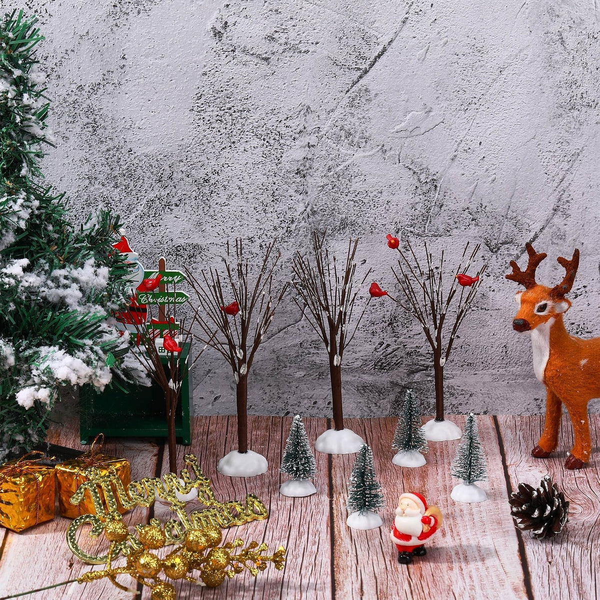 8 Pcs Christmas Village Trees Bare Branch Snow Frost Miniature
