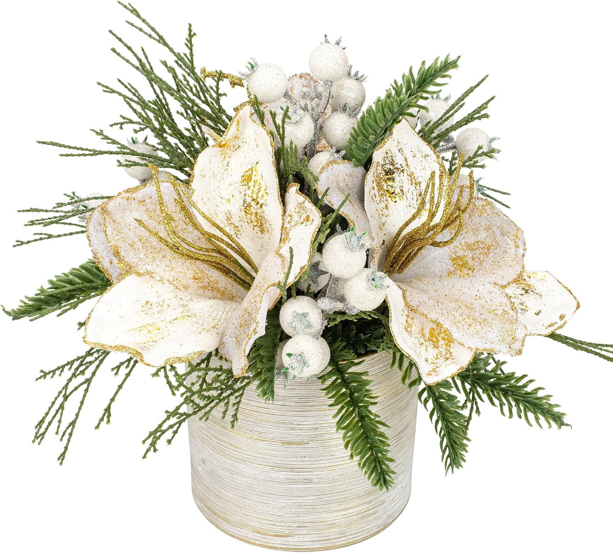 Briful 11.4 Inch Christmas Tree Large Artificial Potted Christmas Arrangment in Pot with White Pine Snowy and Magnolia Xmas Flowers for Centrepieces Table Window Console Countertop DÃ©cor