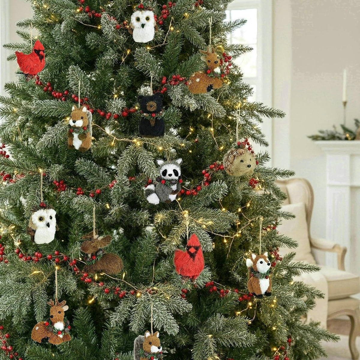naturevibe Sisal Woodland Animals Christmas Tree Ornaments Mini Set of 9