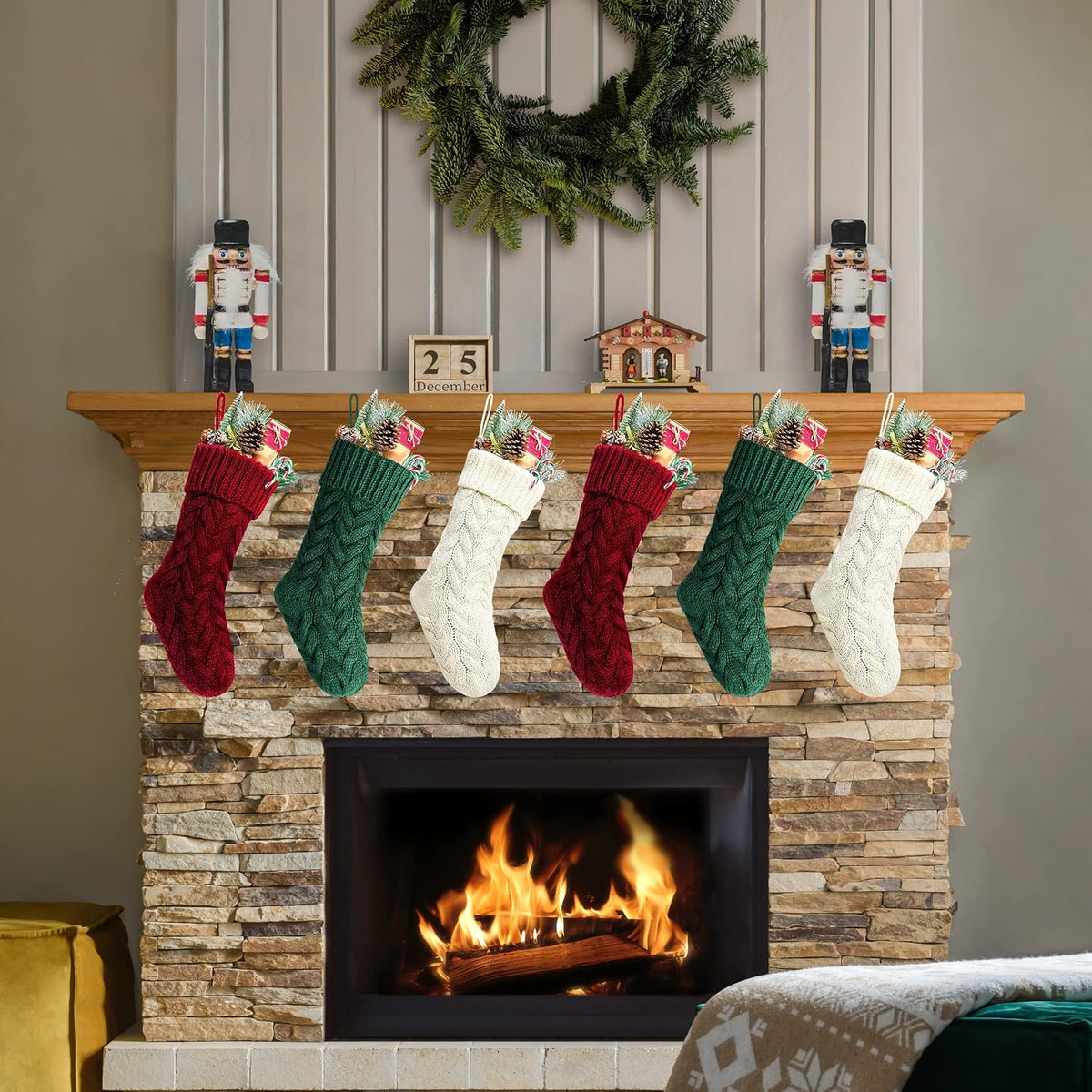 18 Inches Burgundy, Ivory, Green Knitted Christmas Stockings,6 Pack
