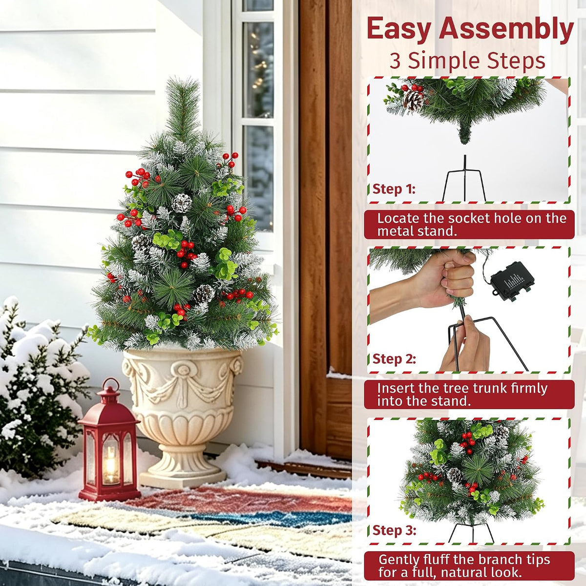 2 Pack Outdoor Chriatmas Tree with Lights, 30" Prelit Christmas Urn Filler