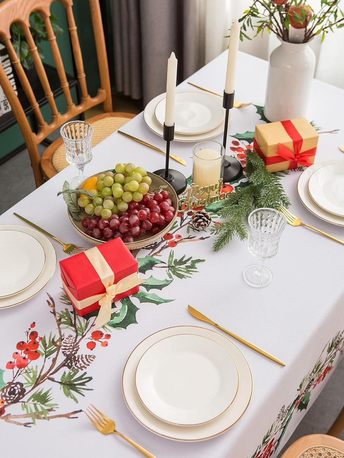 EHouseHome Indoor Outdoor Poinsettia Christmas Tablecloth Water Resistant Spill Proof Fabric Table Cover 60x84Inch Rectangle