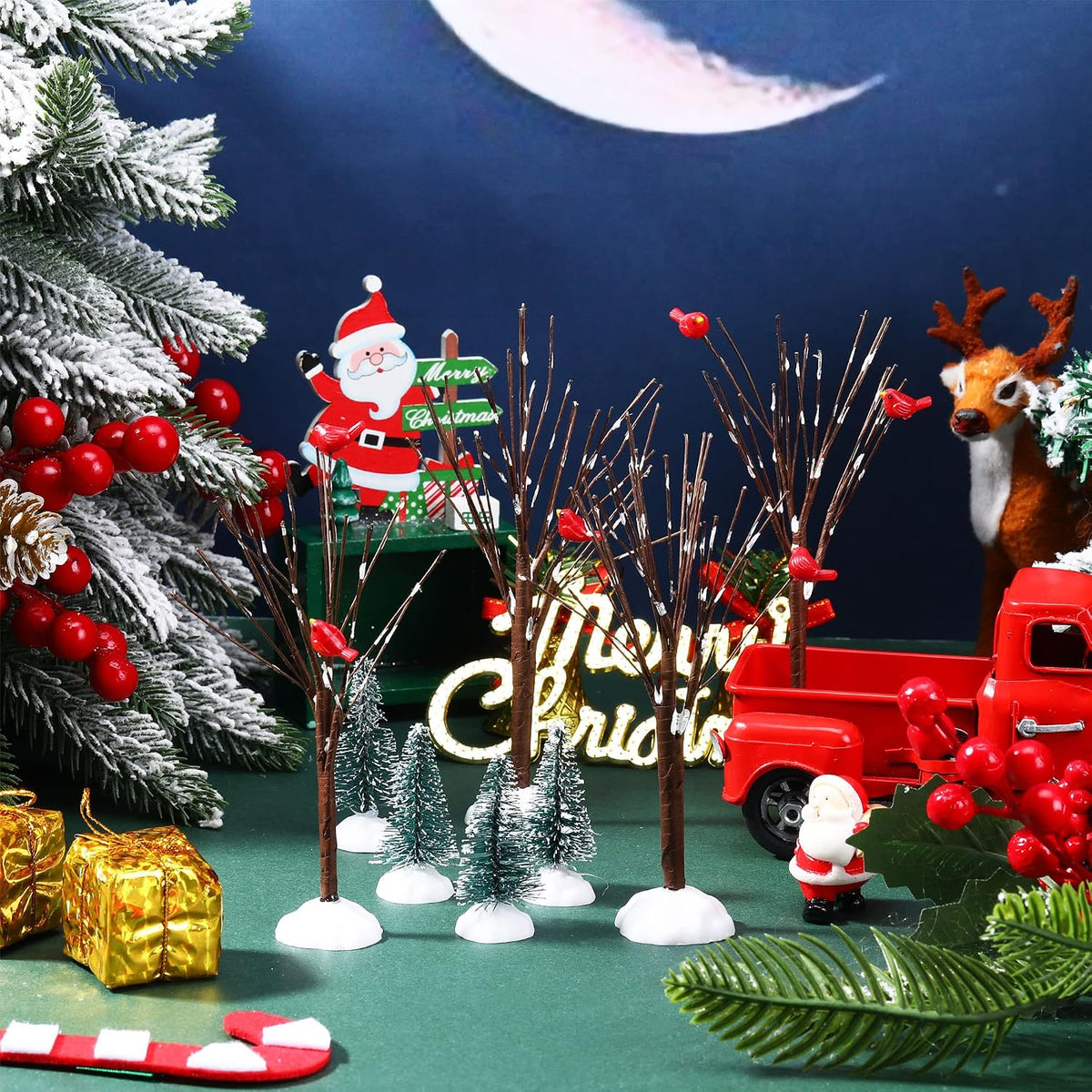 8 Pcs Christmas Village Trees Bare Branch Snow Frost Miniature